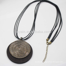 Vintage Round Wood Pendant Necklace With Black Pu Leather Cords